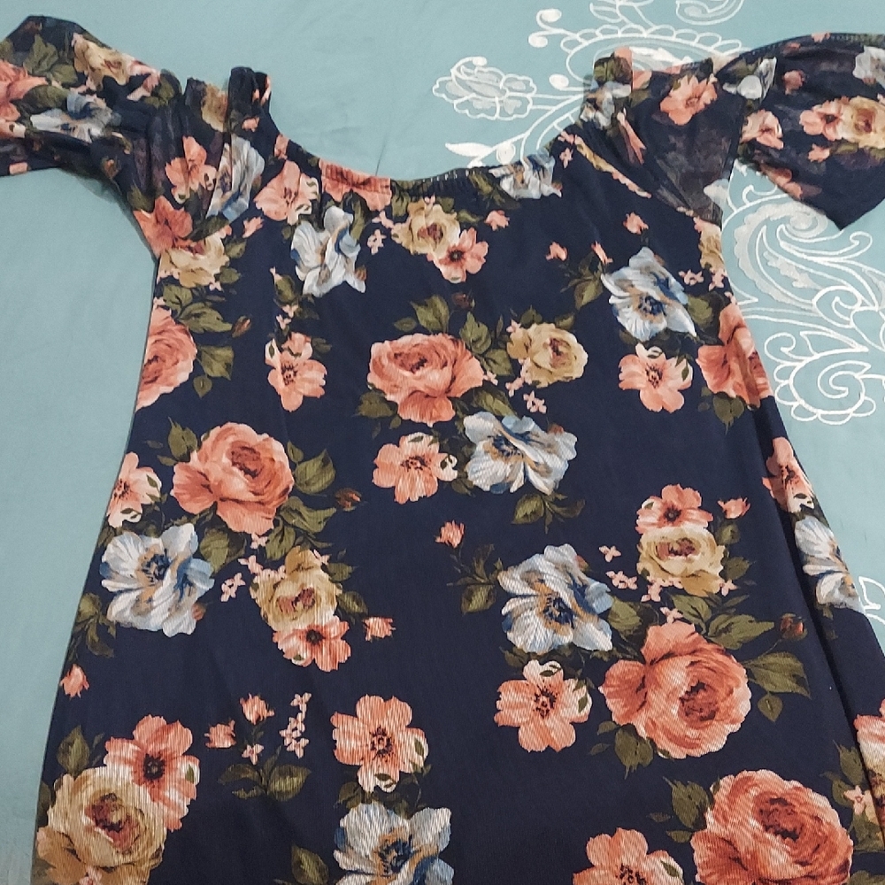 Potter's Pot Navy Floral Off-Shoulder Tunic with Peach & Light Blue Blooms